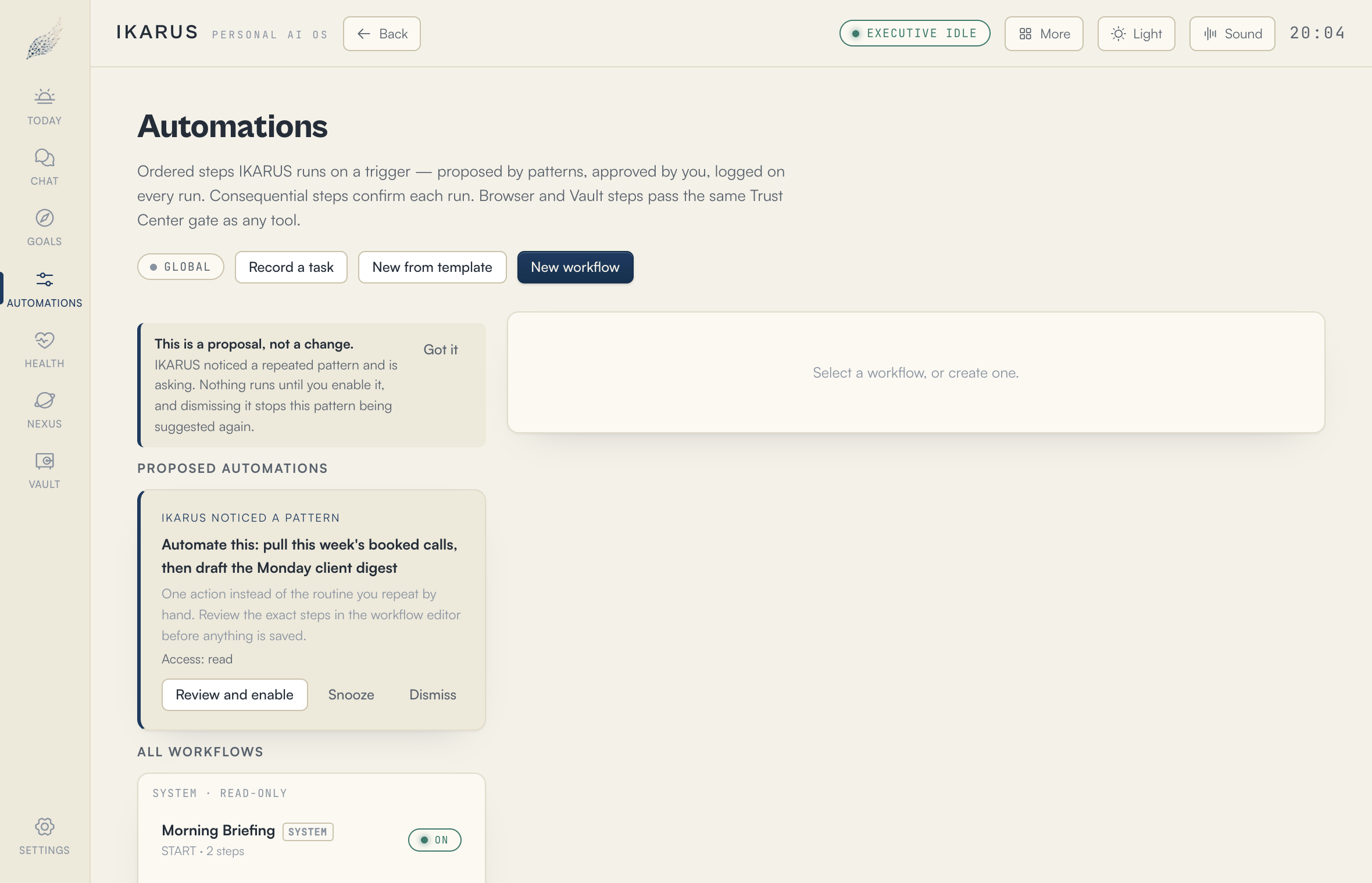 The Automations view: a proposed automation awaiting review above the list of saved workflows.