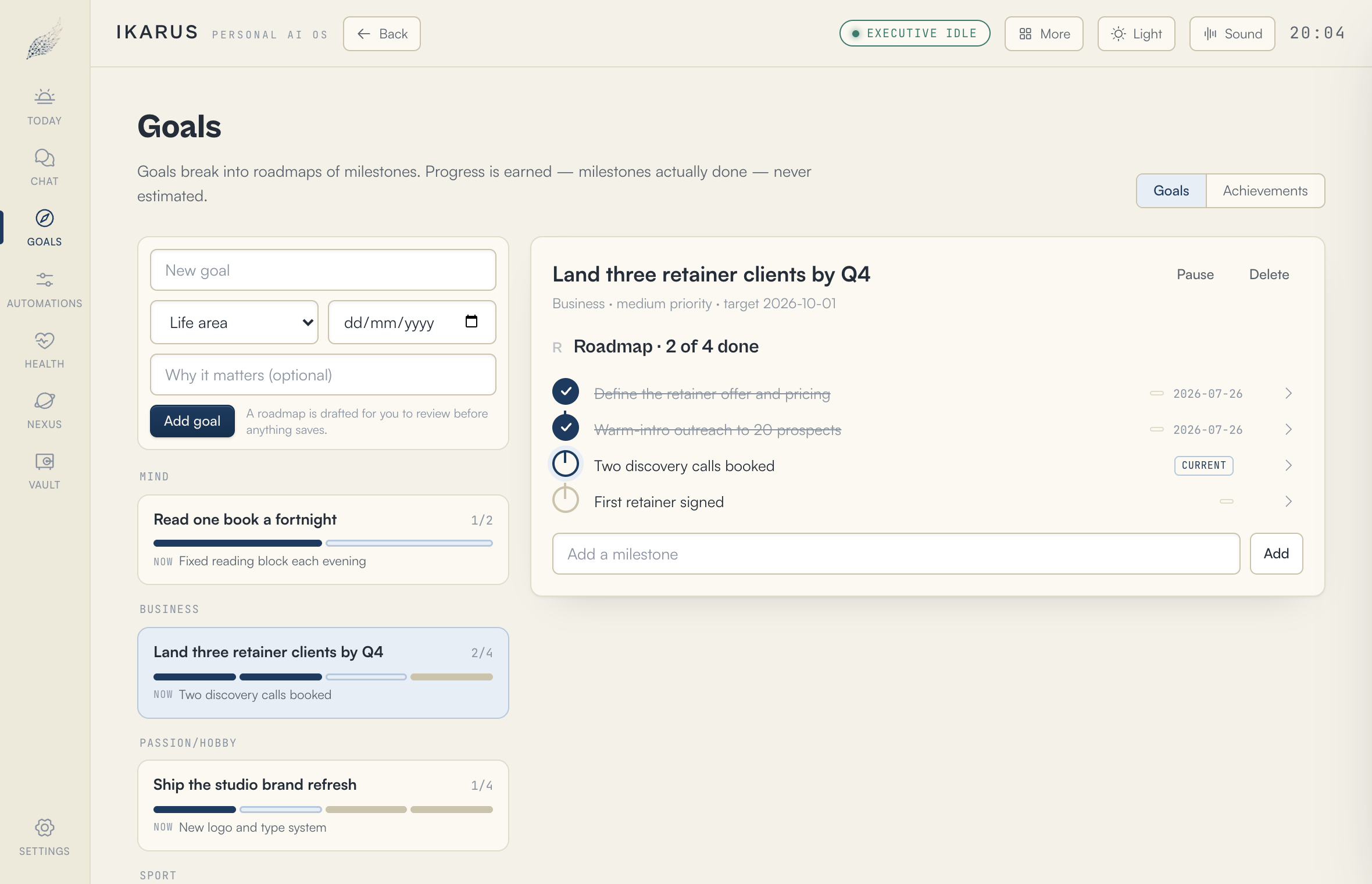 The Goals view: a goal broken into an ordered roadmap of milestones, some marked done.
