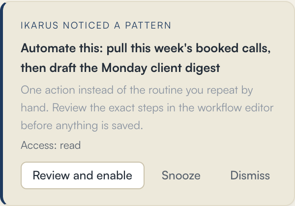 A real proposed automation in the app: a titled suggestion with a plain-language description, its access level, and Review and Dismiss buttons, above the read-only system workflows.