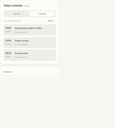 Today's schedule with Day plan and Calendar tabs, a Refresh button and example events.