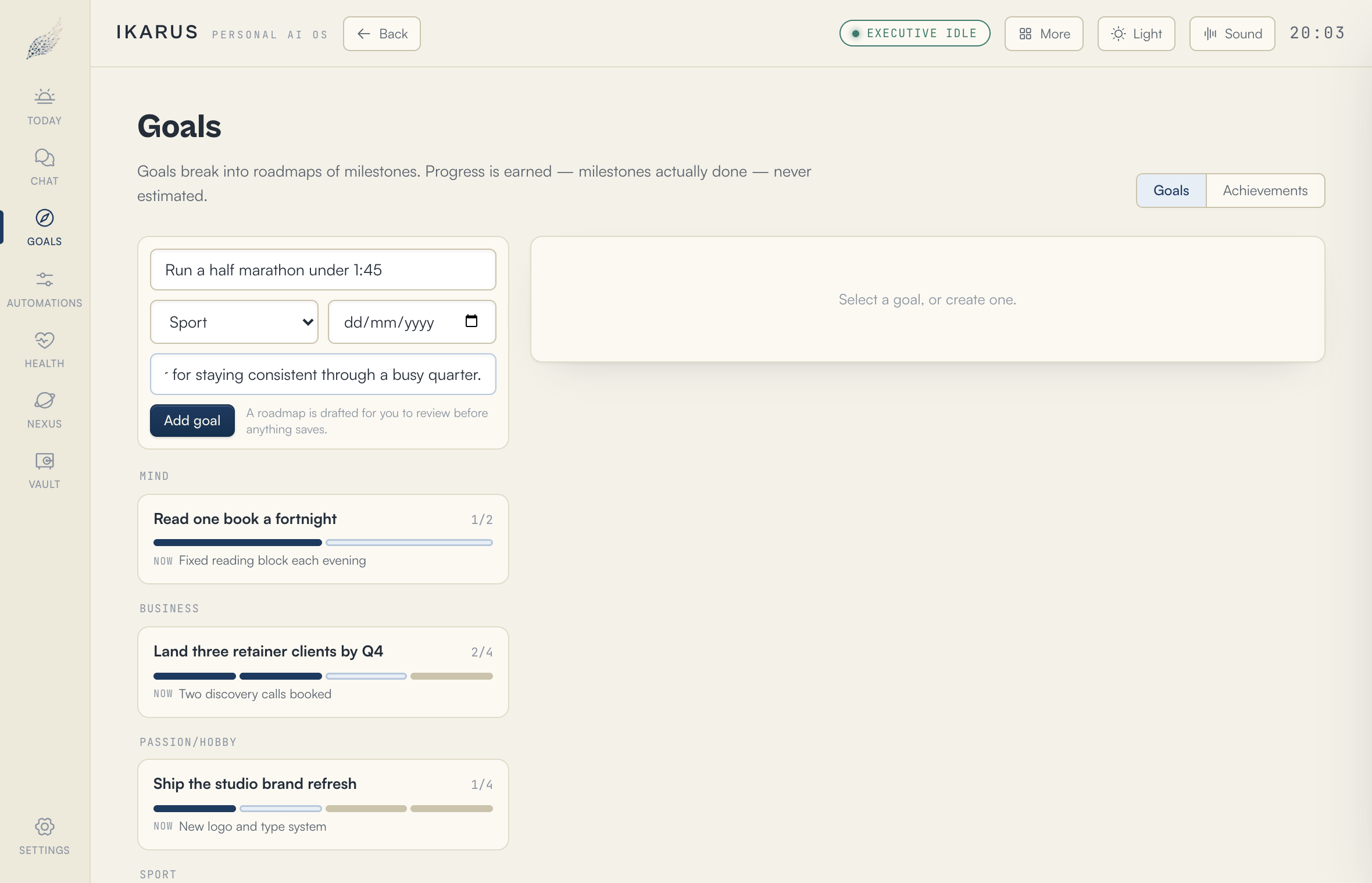 The new goal composer on the Goals page: a title field, a life area selector, an optional target date, an optional reason, and an Add goal button.