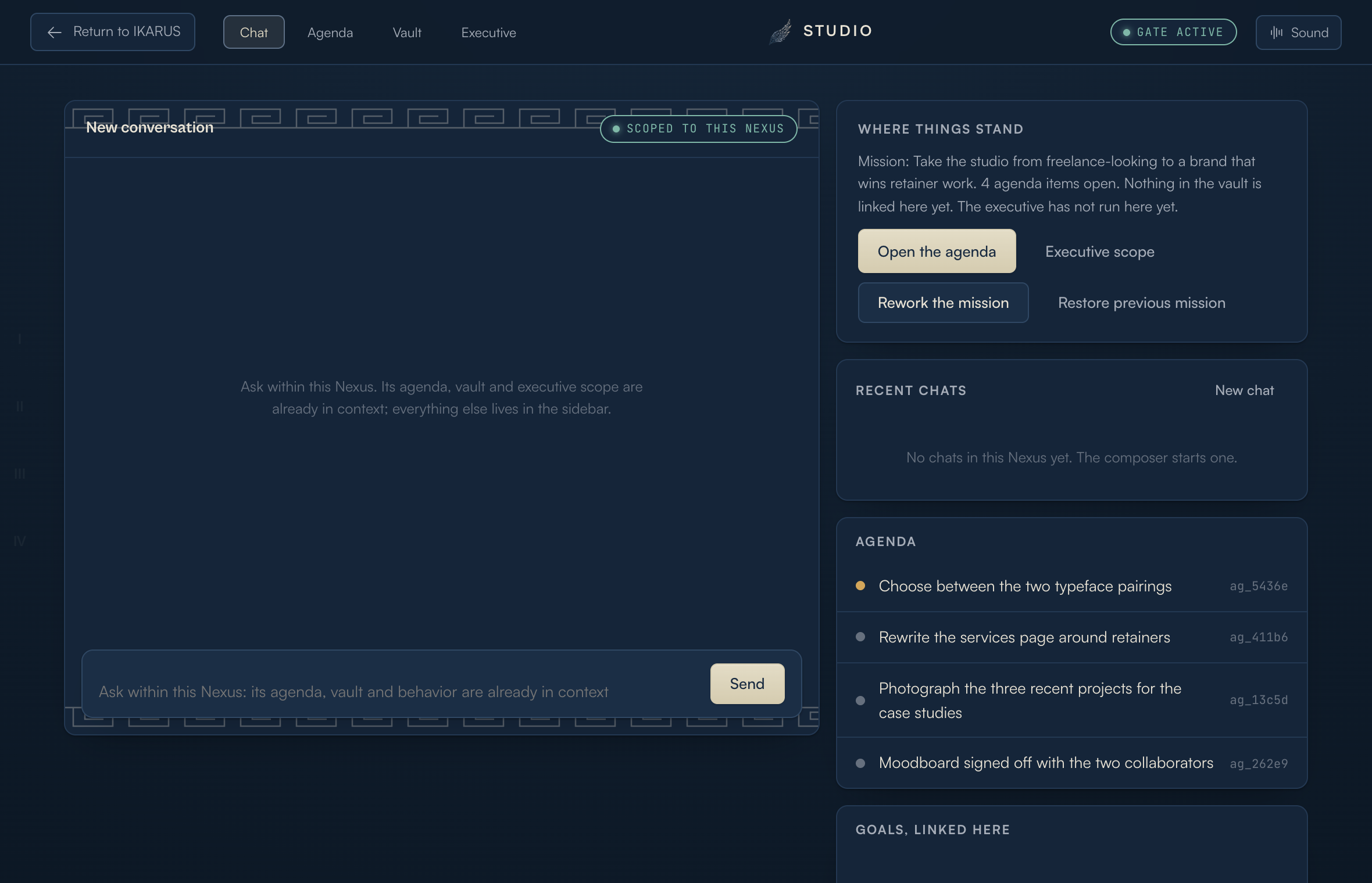 The interior of a Nexus called Studio: a dark scoped chat on the left, and a sidebar with the mission, the current goal, four agenda items, recent chats, linked goals and the executive scope.