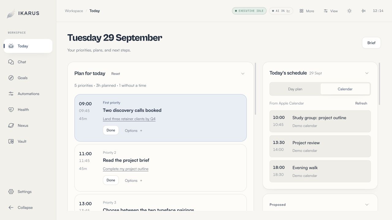 The Today page with project priorities beside today's schedule.